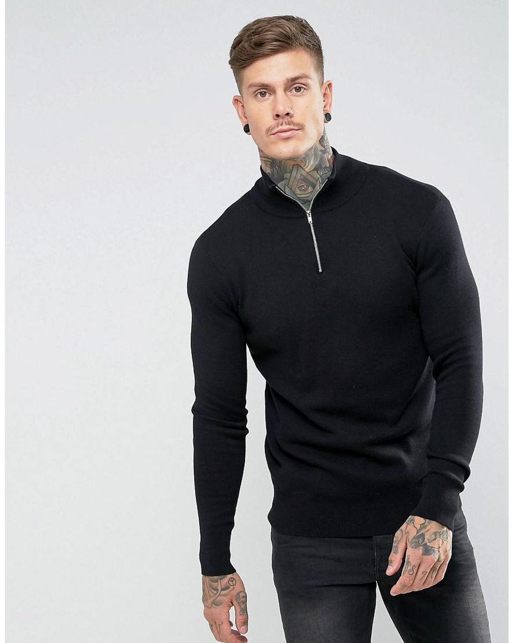 ASOS Cotton Midweight Half Zip Jumper In Black for Men Lyst