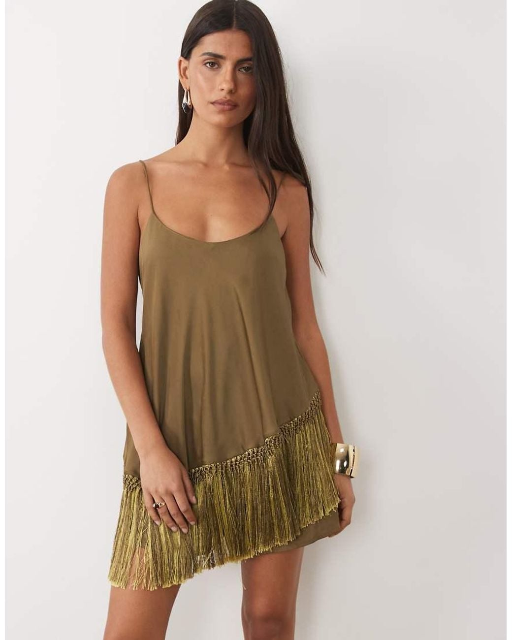 ASOS Green Cami Satin Playsuit With Fringe