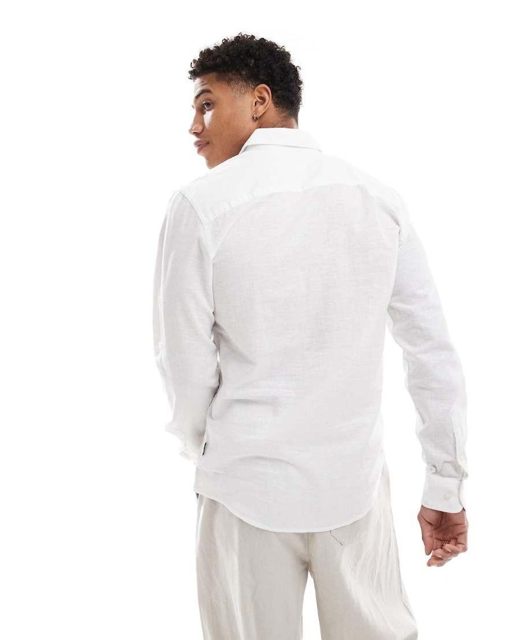 Only & Sons White Linen Mix Long Sleeve Slim Fit Shirt for men