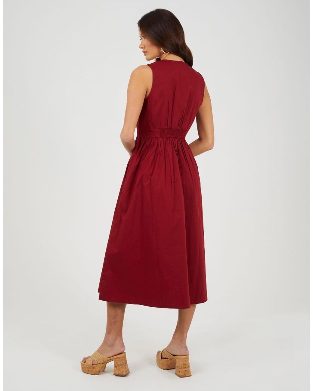 Brave Soul Red Sleeveless V-Neck Button Down Midi Dress