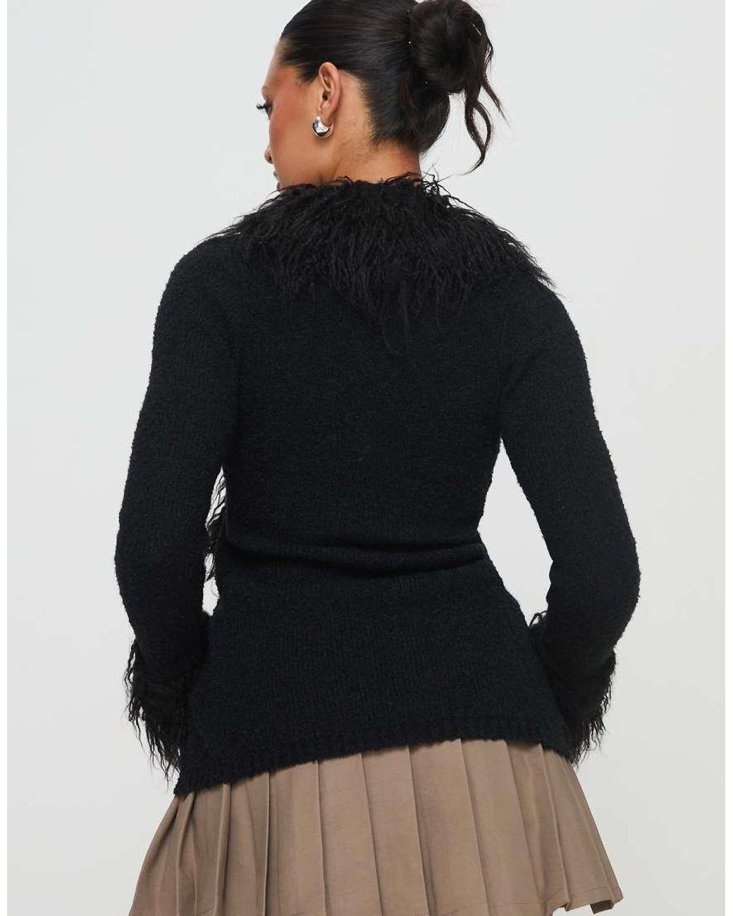 Princess Polly Black Sistine Shaggy Faux Fur Trim Split Front Cardigan