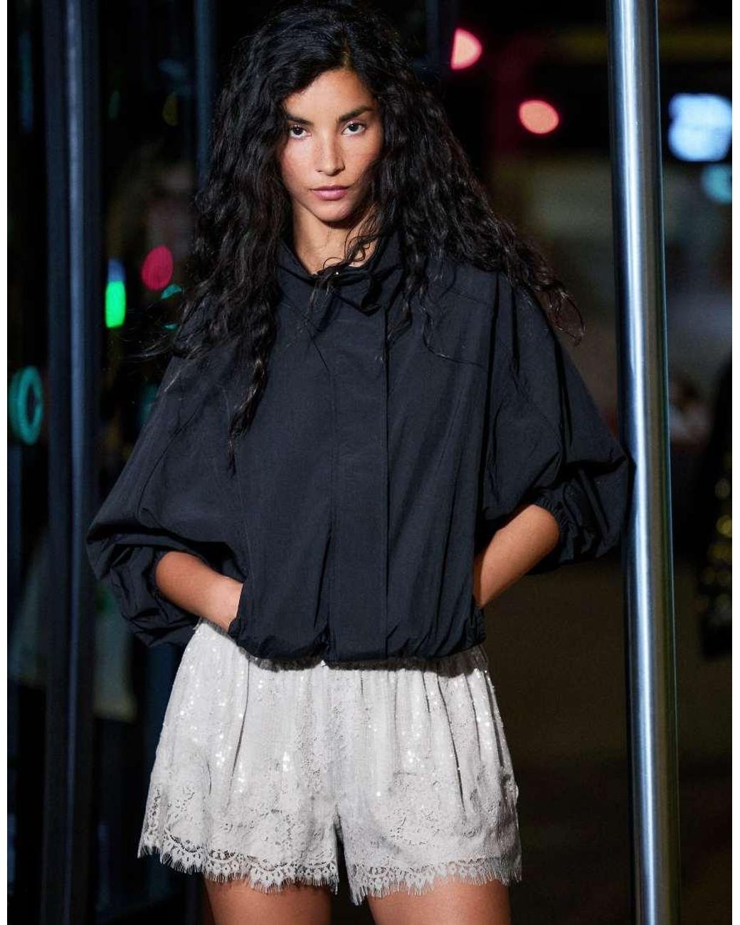 Bershka Black Flowy Lace Sequin Shorts