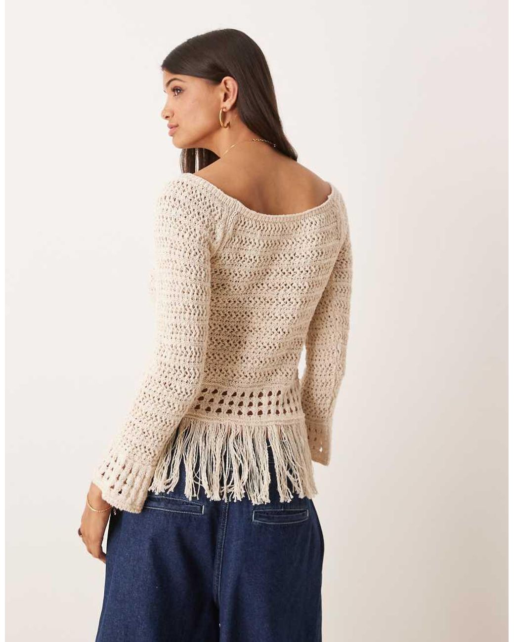 ASOS Natural Crochet Look Off Shoulder Jumper With Fringe Hem