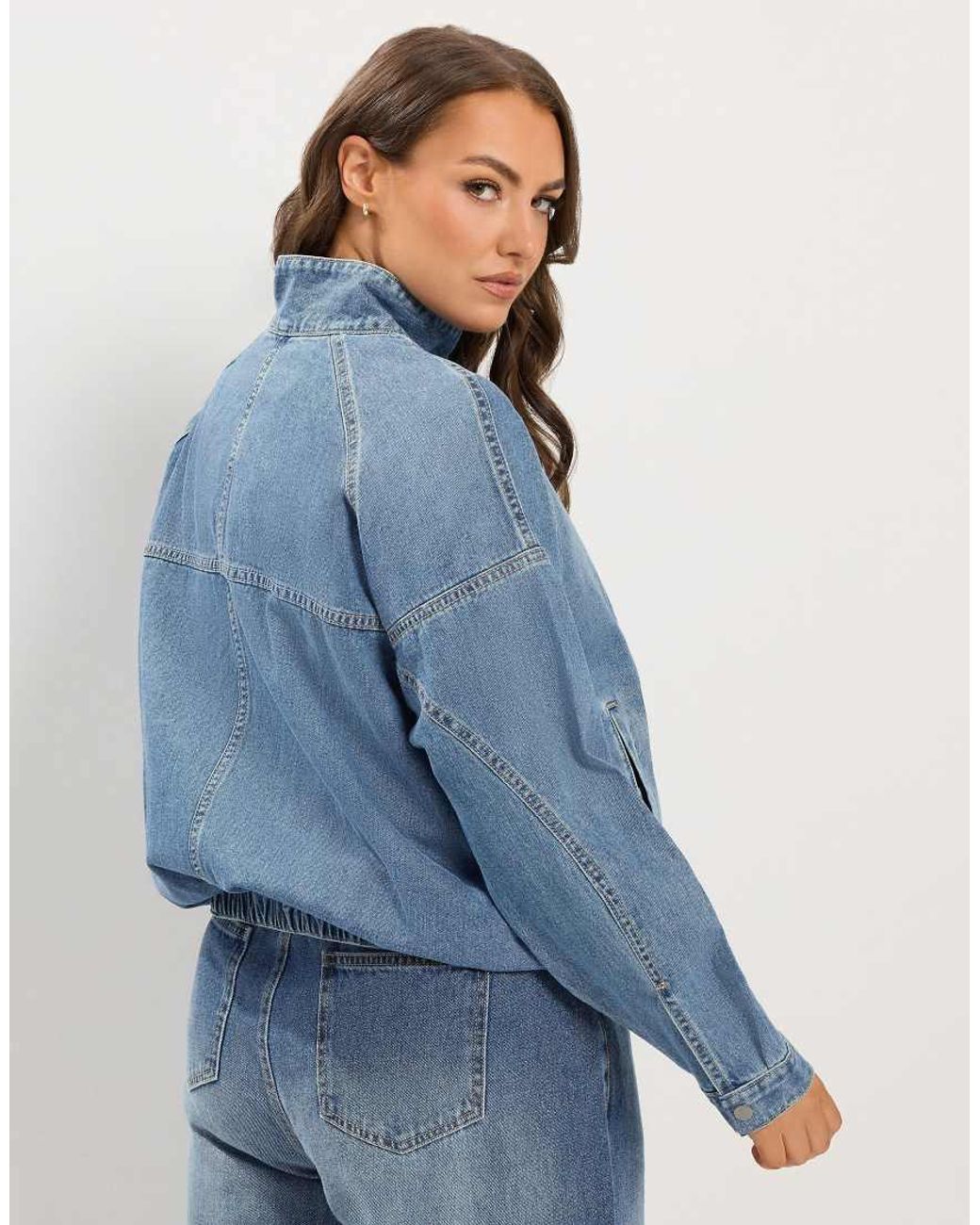 Yours Clothing Blue Denim Funnel Neck Bomber Jacket