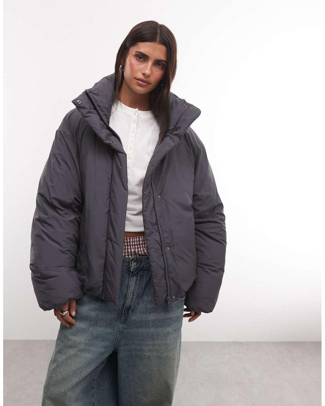 Weekday Blue High Neck Oversized Puffer Coat