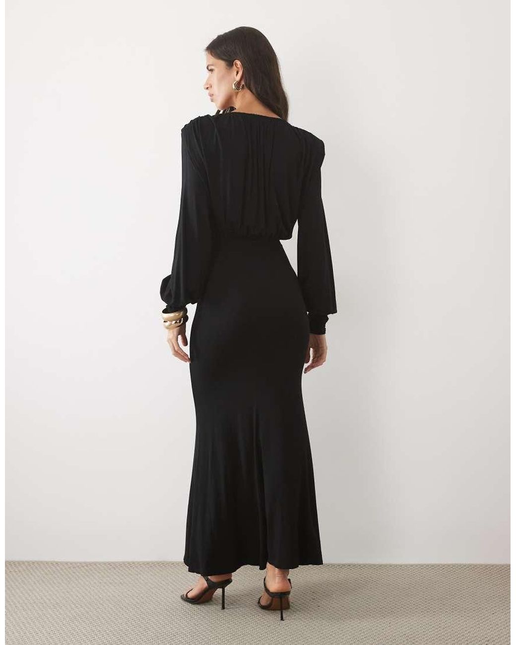 ASOS Black Long Sleeve Deep Plunge Maxi Dress With Shoulder Pads
