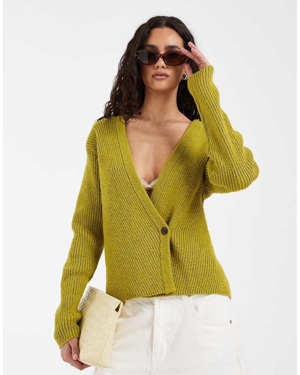 & Other Stories Yellow Low V Neck Button Knit Cardigan