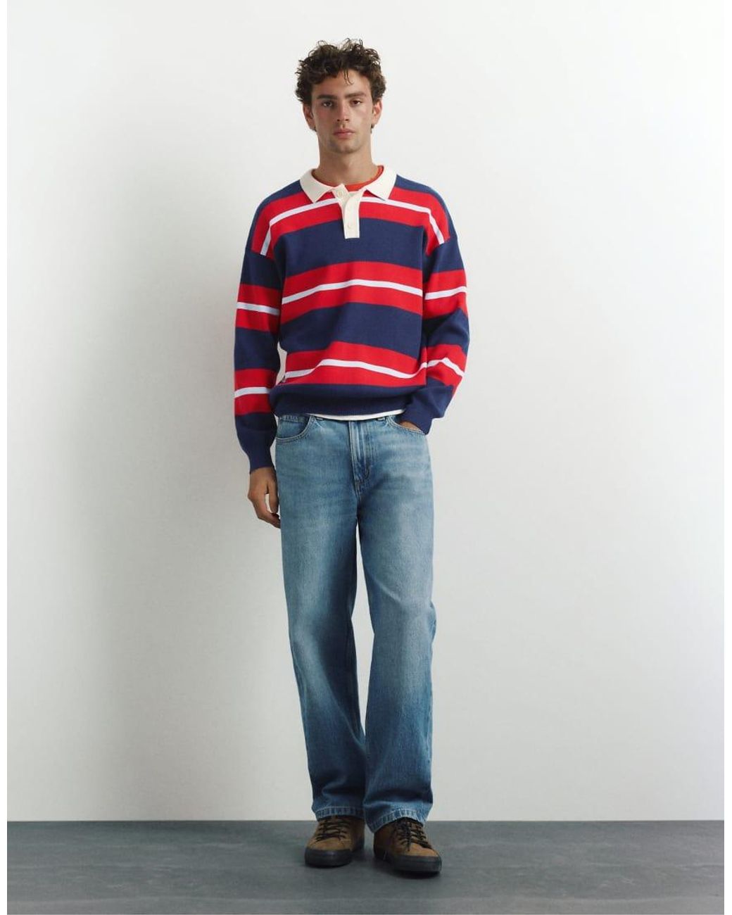 Pull&Bear Red Striped Knit Polo Shirt for men