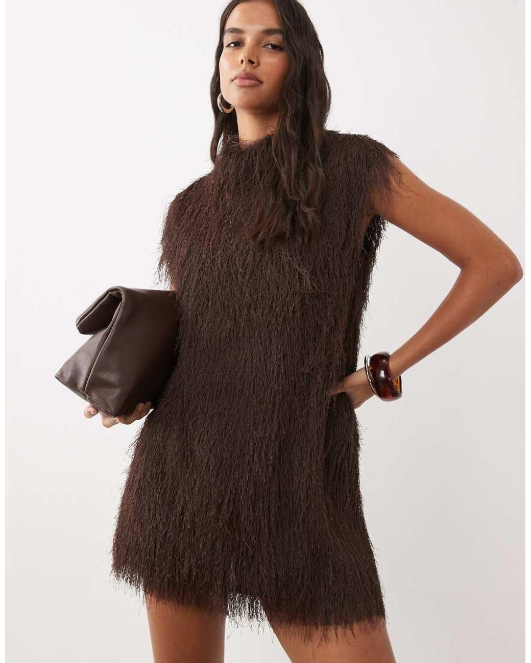 ASOS Brown Fluffy Sleeveless Funnel Mini Dress