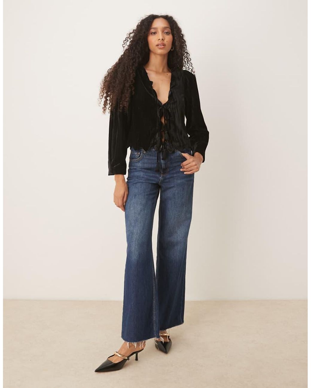ASOS Black Scallop Detail Puff Sleeve Velvet Top