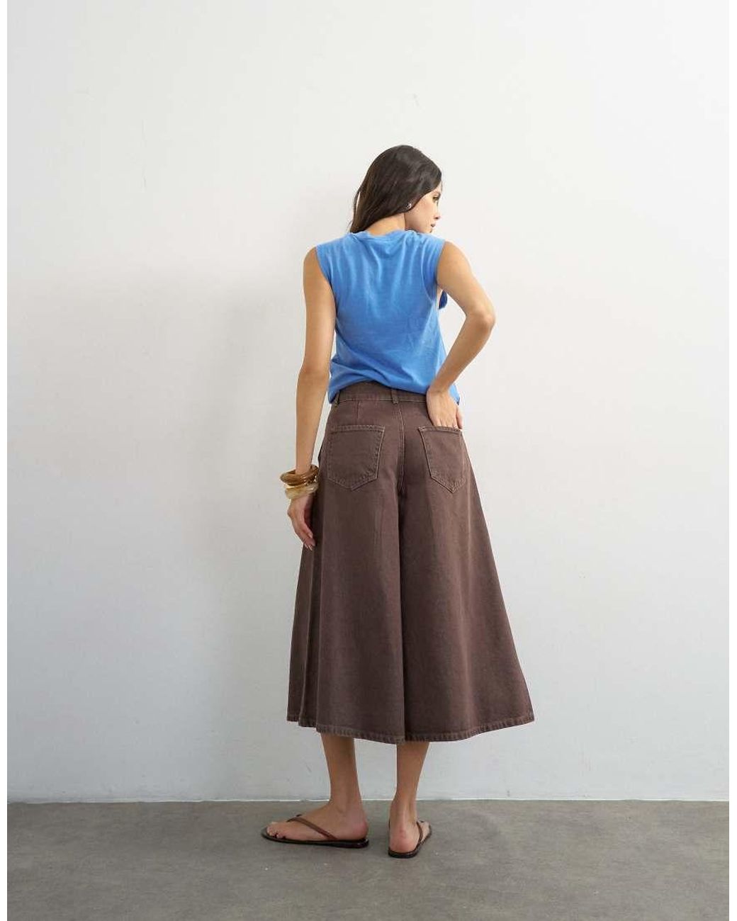 TOPSHOP Brown Denim Pleated Culotte