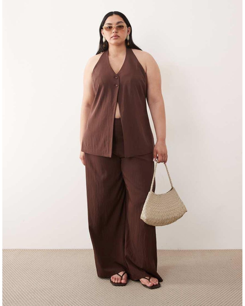 ASOS Brown Curve Tailored Halter Neck Button Detail Top