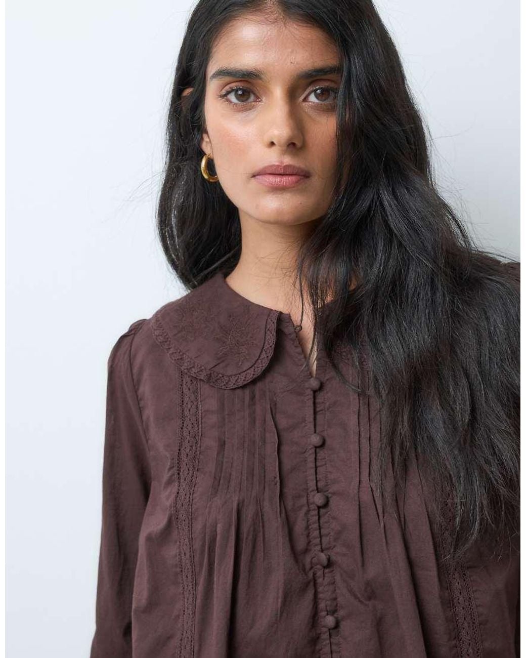 Abercrombie & Fitch Brown Button Front Cinched Blouse With Peter Pan Collar Detail