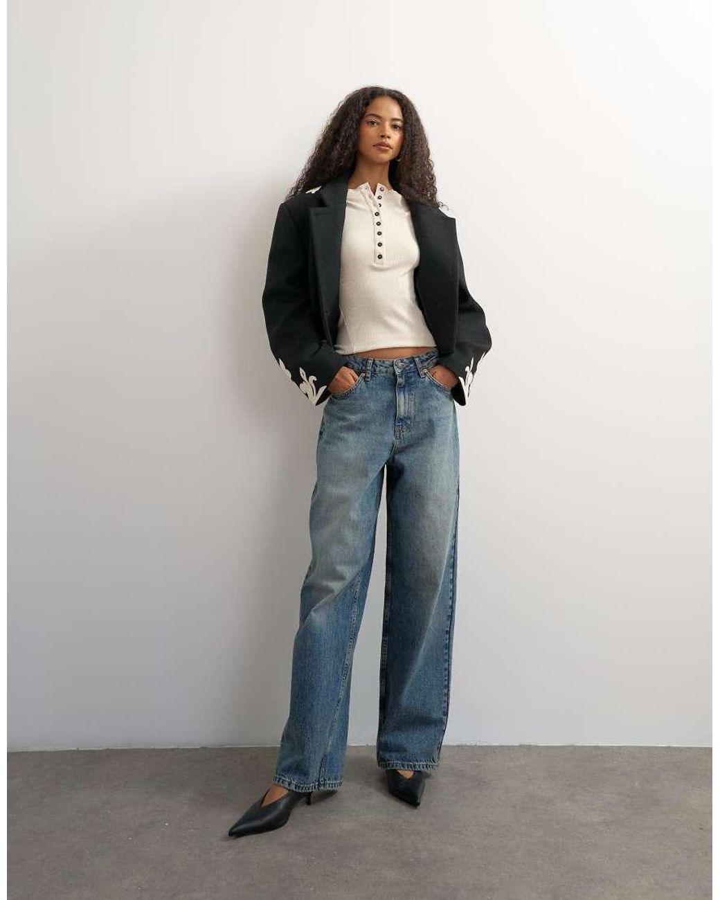 TOPSHOP White Ribbed Button Down Henley
