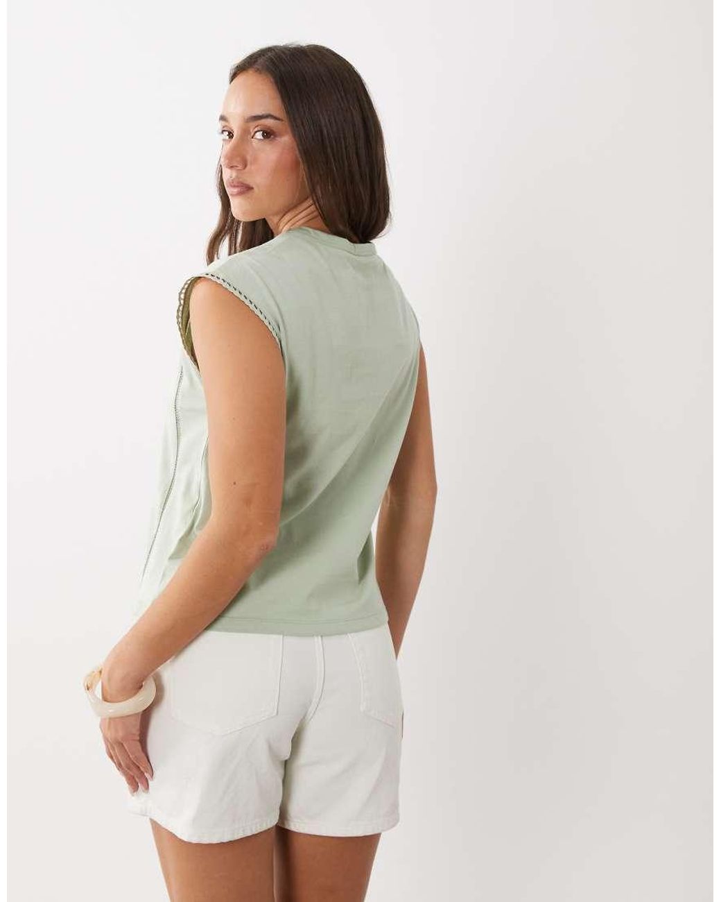 Mango Green Cap Sleeve Round Neck Embroidered Detail T-shirt