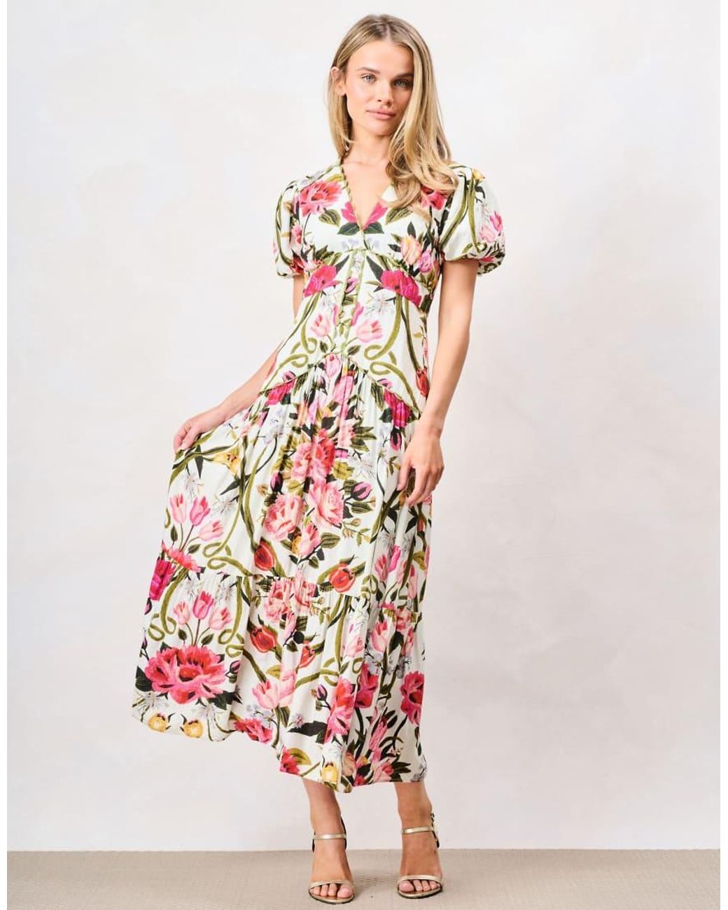 Hope & Ivy Pink Angie Cotton Printed Puff Sleeve V-Neck Tiered Midi Dress