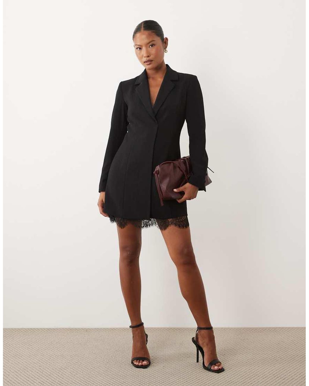 Forever New Black V Neck Tailored Blazer Lace Detail Mini Dress