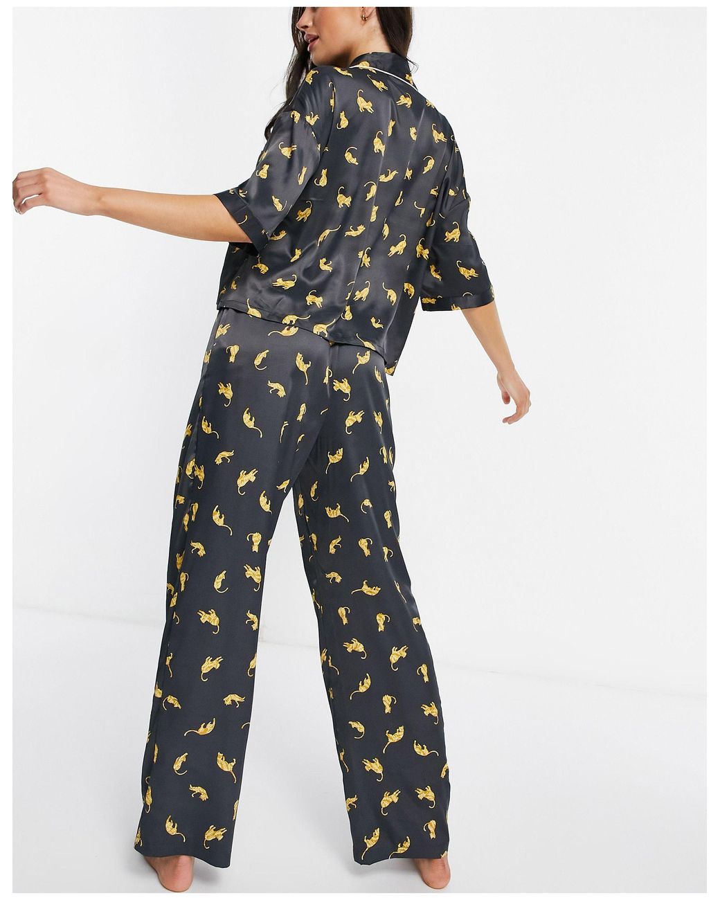 TOPSHOP Cat Print Satin Pyjama Set in Black | Lyst Canada