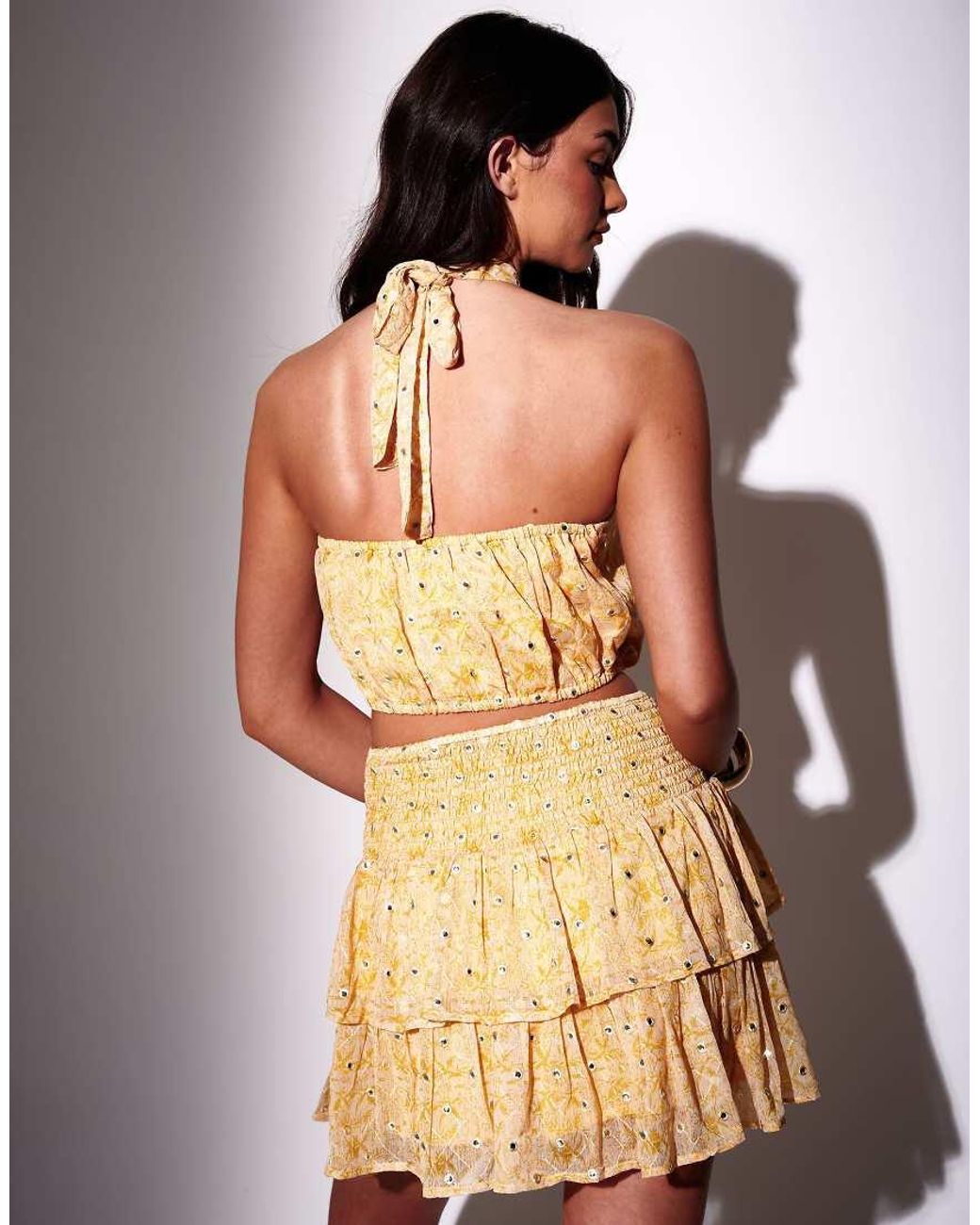 South Beach Yellow Embroidered Mirror Detail Halternecktop