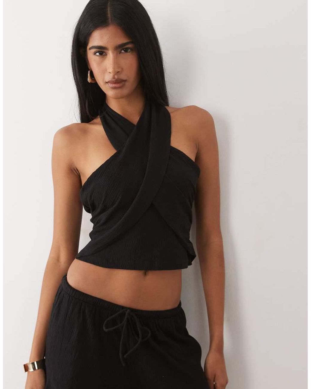 ASOS Black Mix & Match Cotton Crinkle Crossover Halter Neck Top