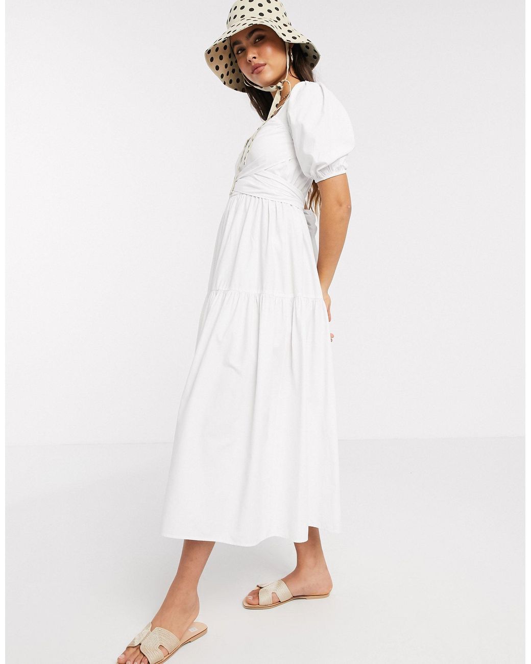 Stradivarius Poplin Midi Dress With Belt in White | Lyst