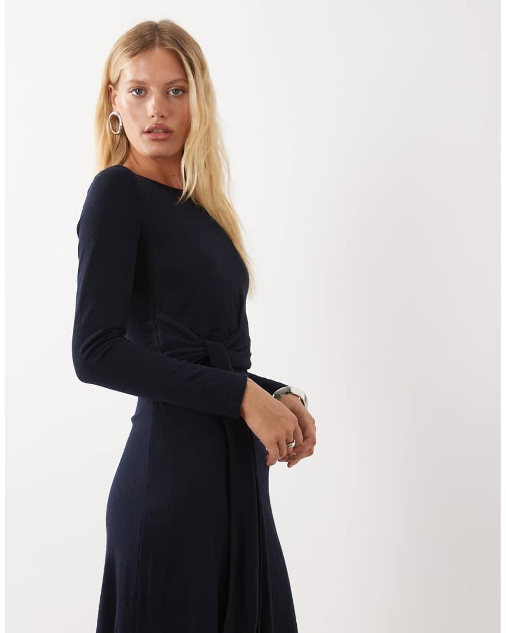 Mango Blue Boat Neck Long Sleeve Midi Dress With Tie Waist