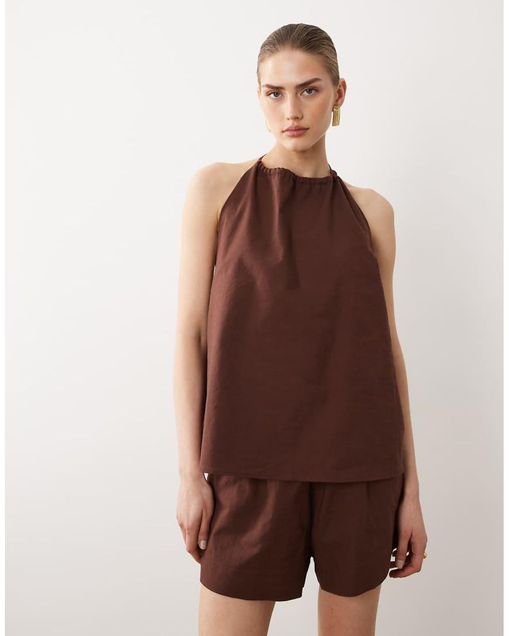 SNDY'S Brown Linen Blend Halterneck Low Back Top Co-ord