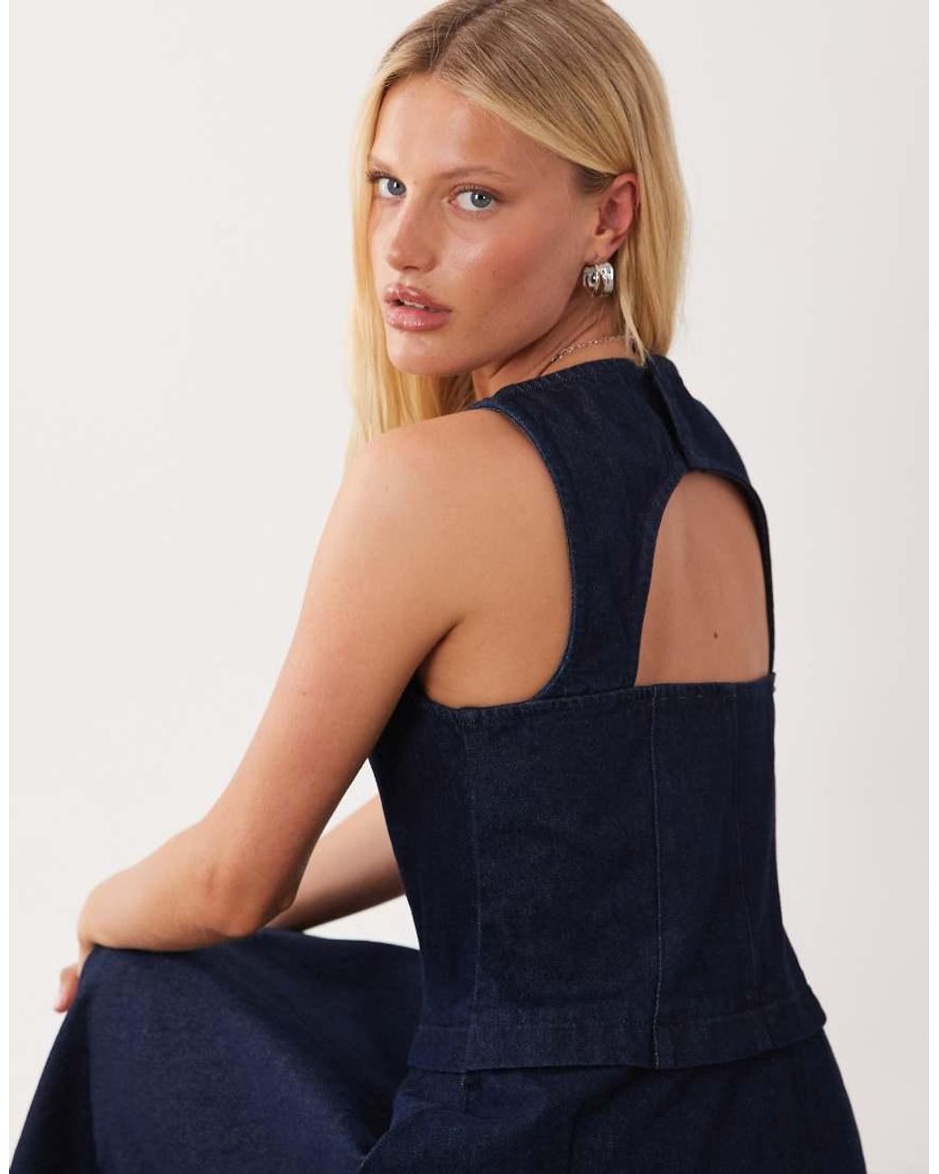 ASOS Blue Denim Circle Hem Midi Dress With Cut Out Detail