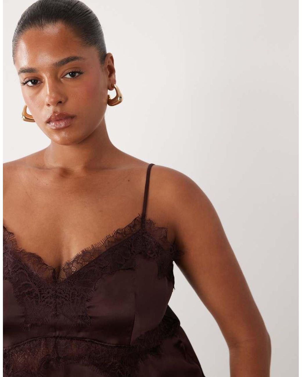 ASOS Brown Asos Design Curve Satin Lace Trim Long Line Satin Cami Top