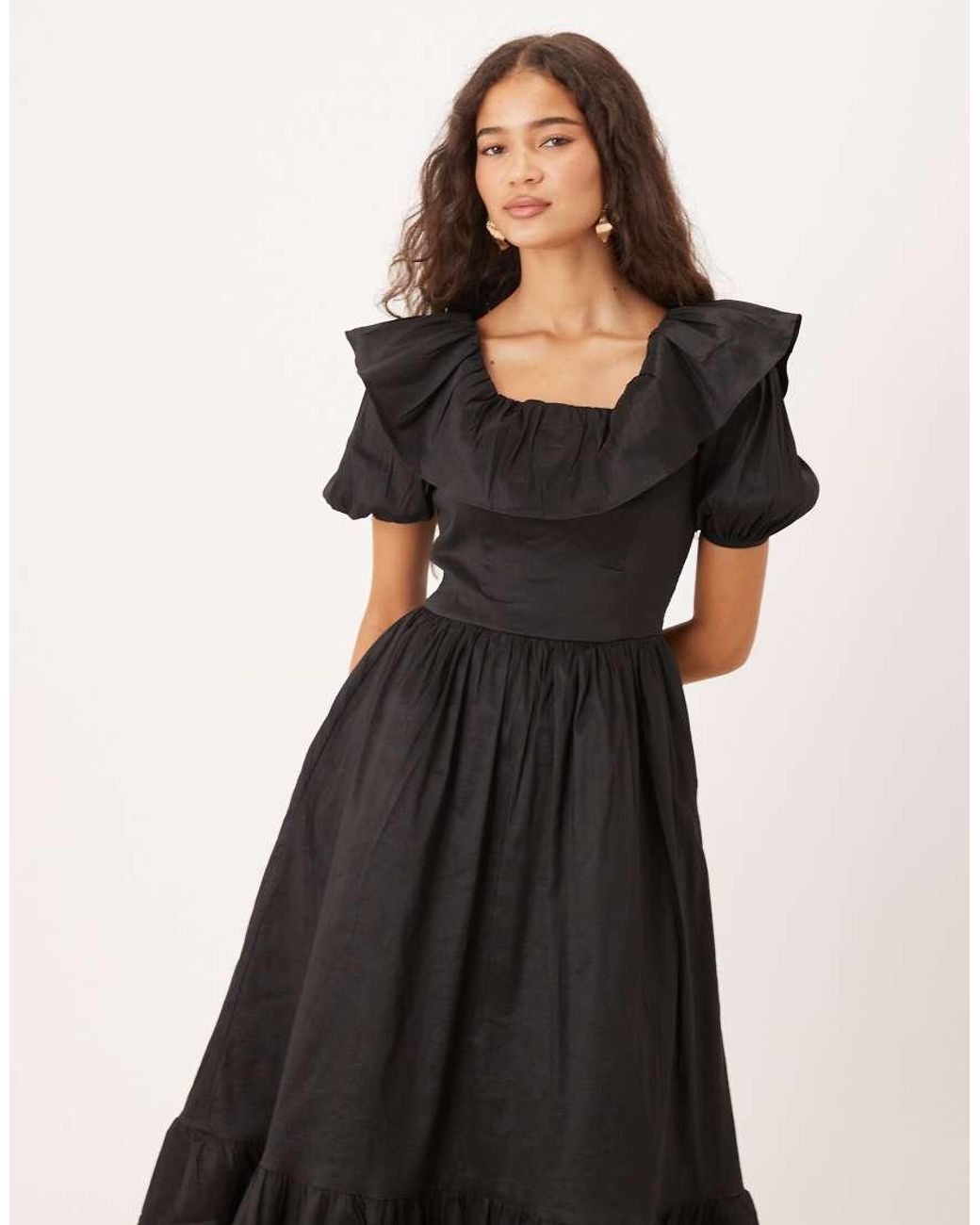 True Decadence Black Square Neck Tiered Midi Dress