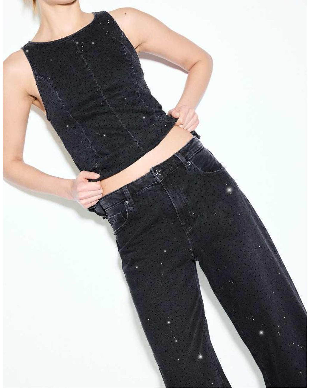 Stradivarius Blue Straight-Fit Jeans With Rhinestones
