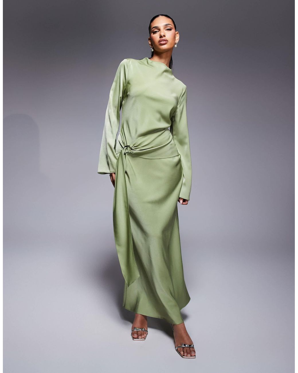 slim fit dress slacks High Neck Short Sleeve Green Satin Dress L
