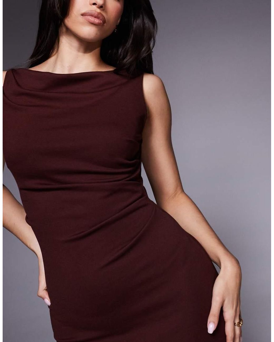ASOS Purple Slash Neck Ruched Midi Dress