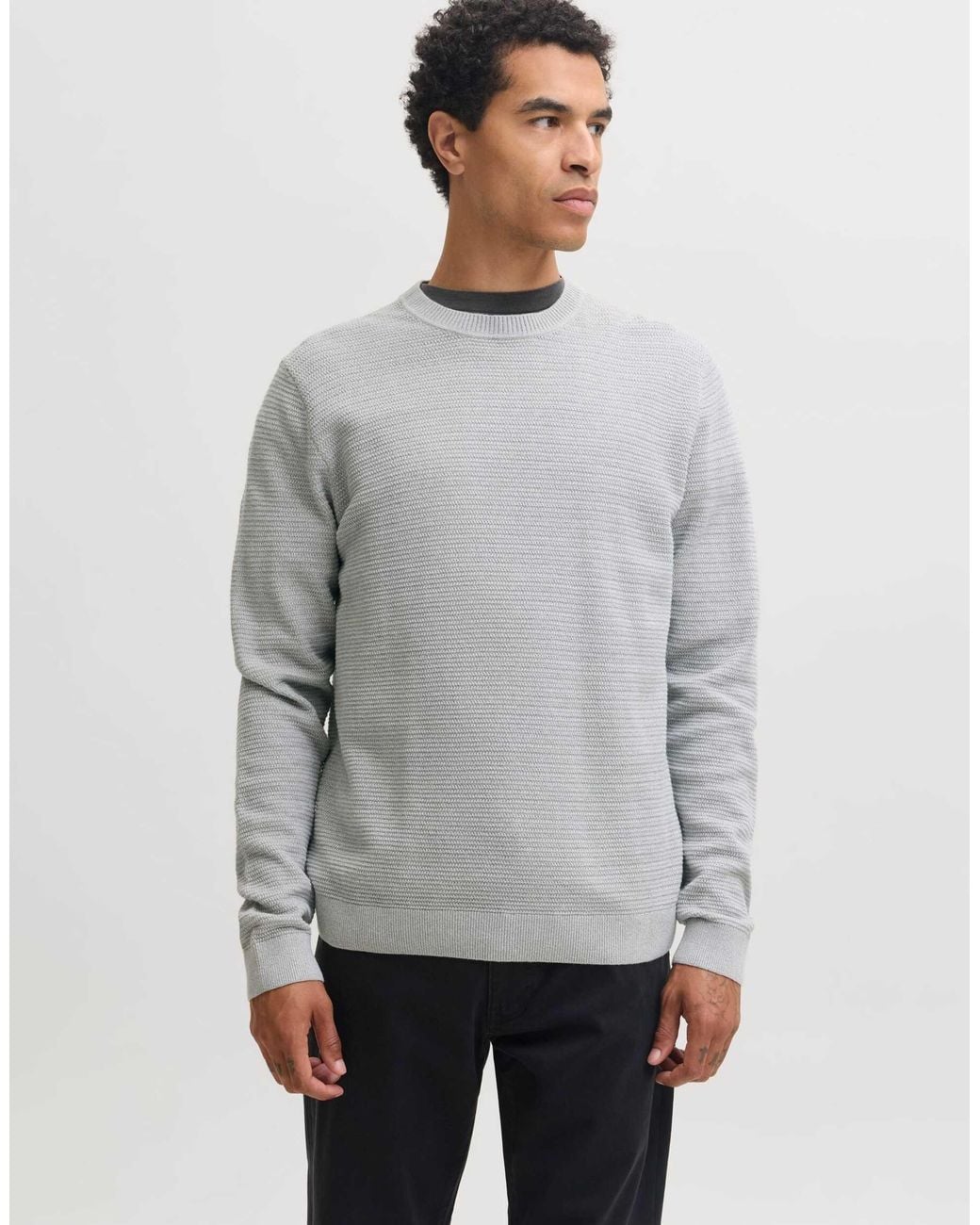 Jack & Jones Riley gerippter strickpullover mit rundhalsausschnitt in Gray für Herren
