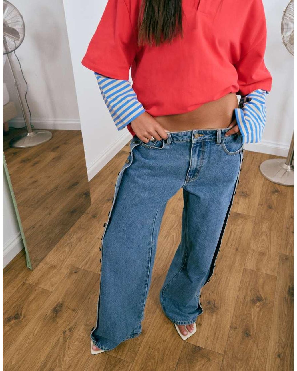 Lioness Blue Exclusive Sloane Side Button Detail Relaxed Leg Jeans