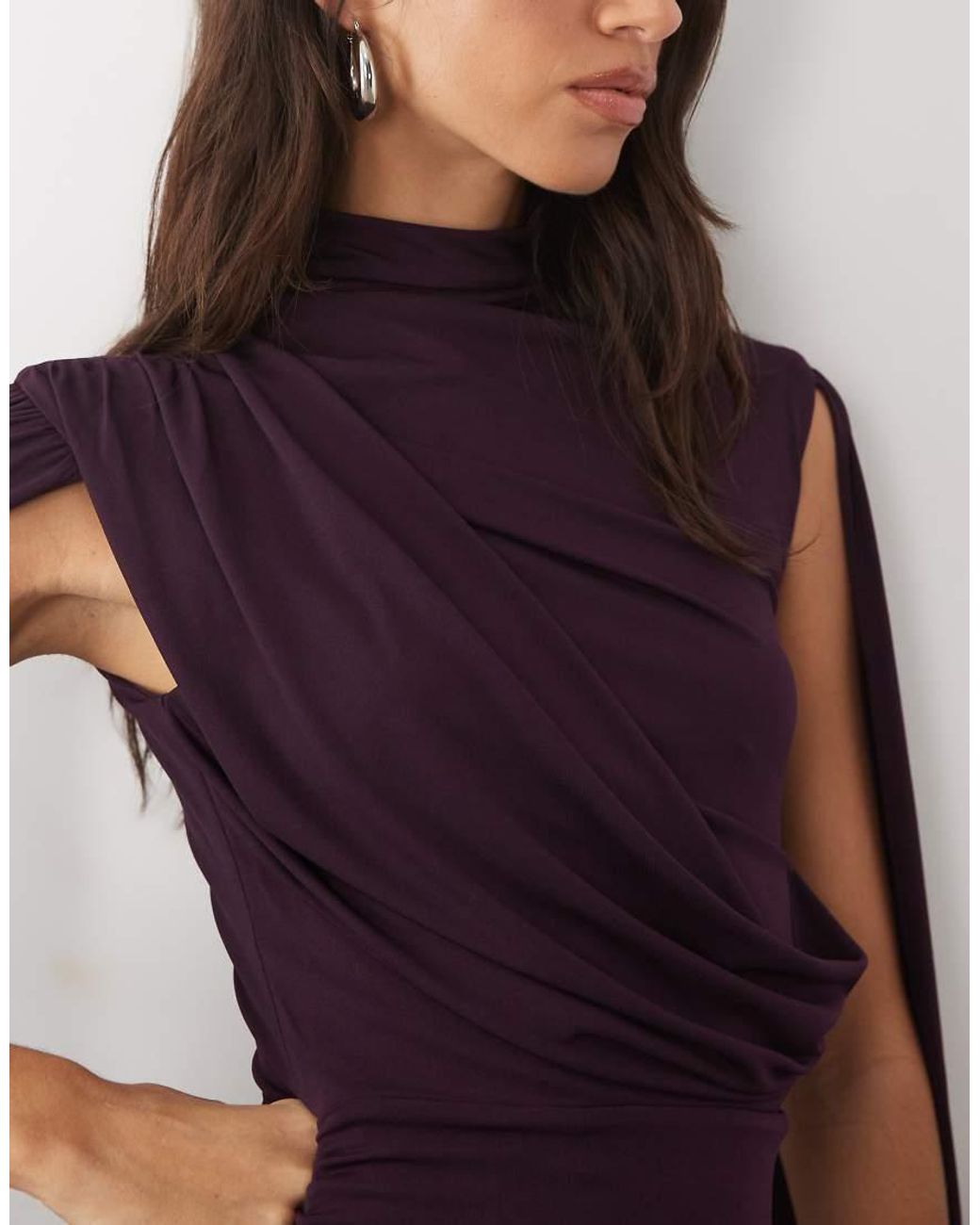 TFNC London Purple Premium Slinky High Neck Drape Detail Cape Sleeve Maxi Dress