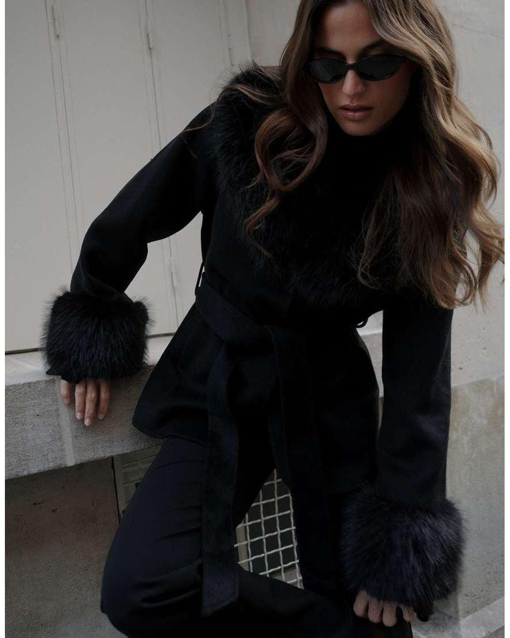 NA-KD Black Wool Blend Faux Fur Detail Short Coat