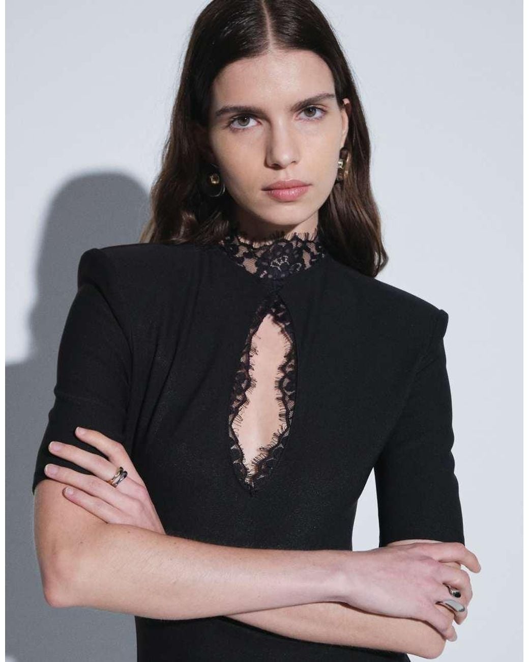 Noughts & Kisses Black Amaya Lace Trim Keyhole Detail Shoulder Pad Asymmetric Hem Mini Dress