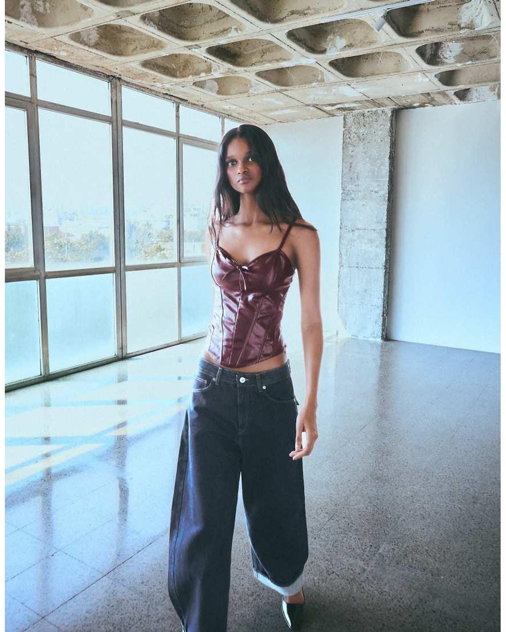 Bershka Blue Leather Effect Sweetheart Neckline Camisole Top