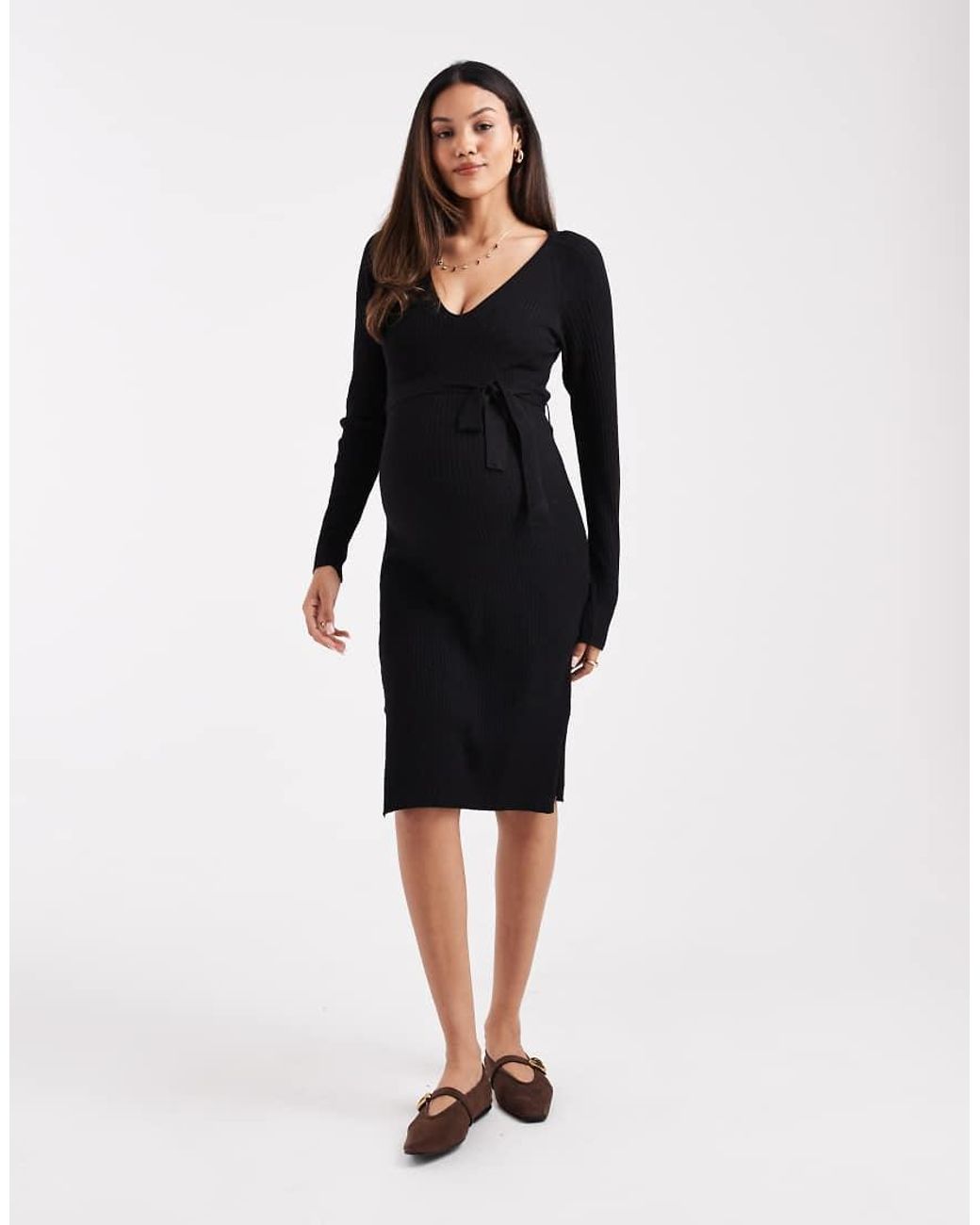 Vero Moda Black Rib Knitted Long Sleeve Midi Dress With Belt Detail