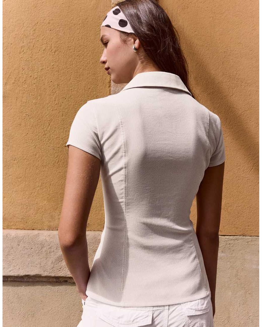 Bershka Brown Short Sleeve Zip Print Shirt