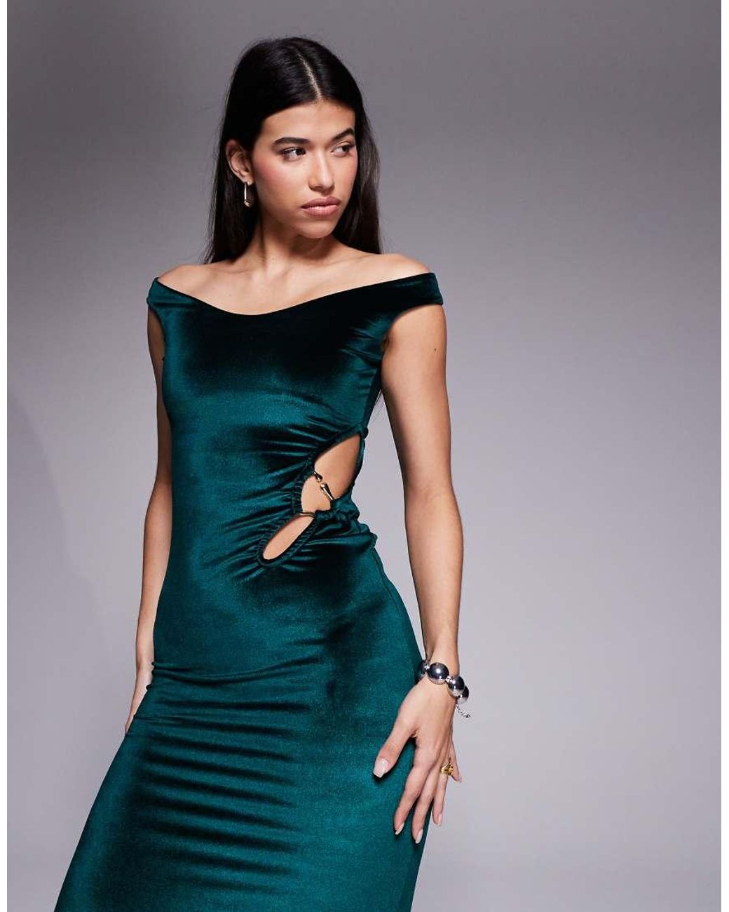 ASOS Blue Velvet Bardot Midi Dress With Cut Out And Trim