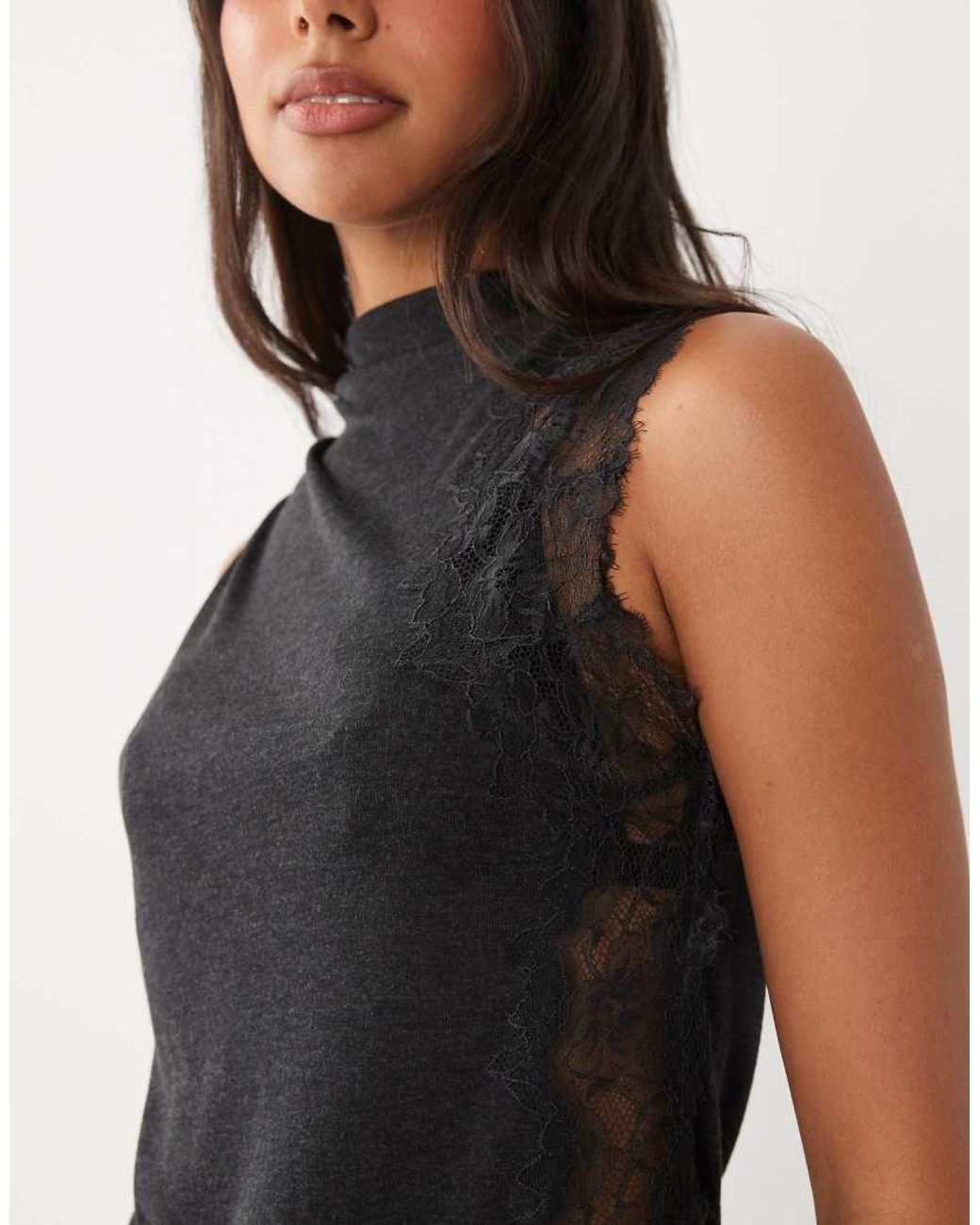 Mango Black High Neck Lace Detail Sleeveless Top