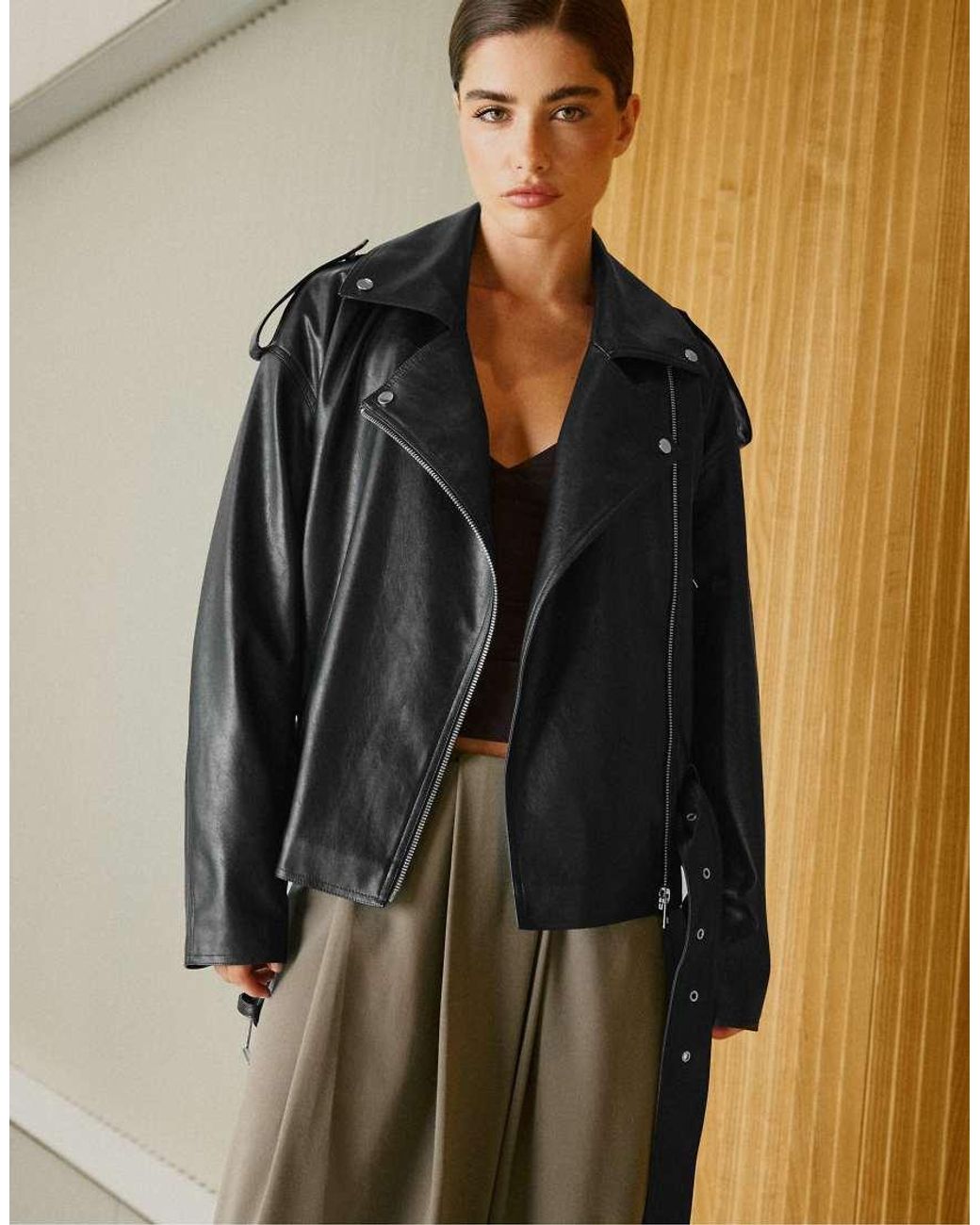 Stradivarius Black Leather Effect Biker Jacket With Belt