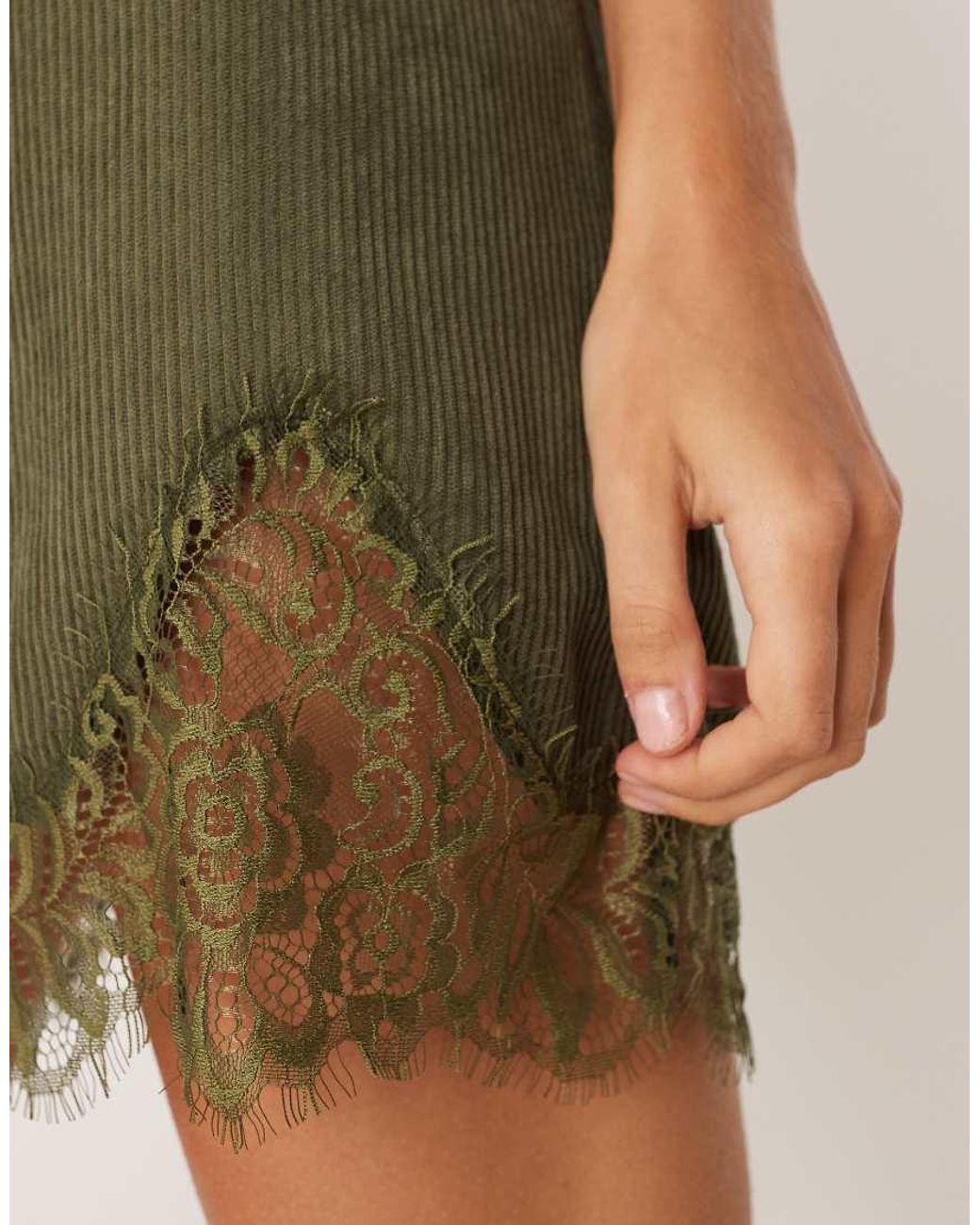 ASOS Green Cord V Neck Lace Trim Mini Shift Dress