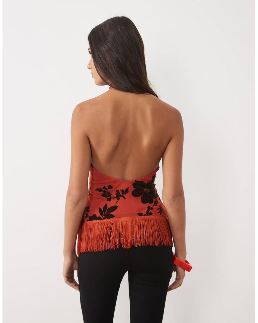 ASOS Red High Neck Halter Fringe Top With Flocked Floral