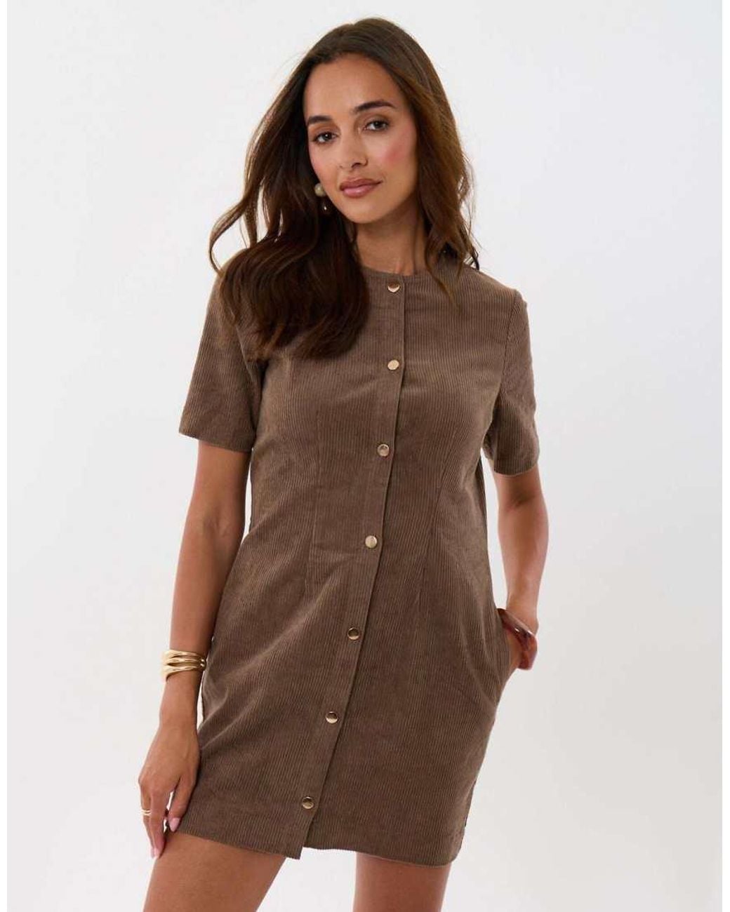 Threadbare Brown Corduroy Button Down Mini Dress