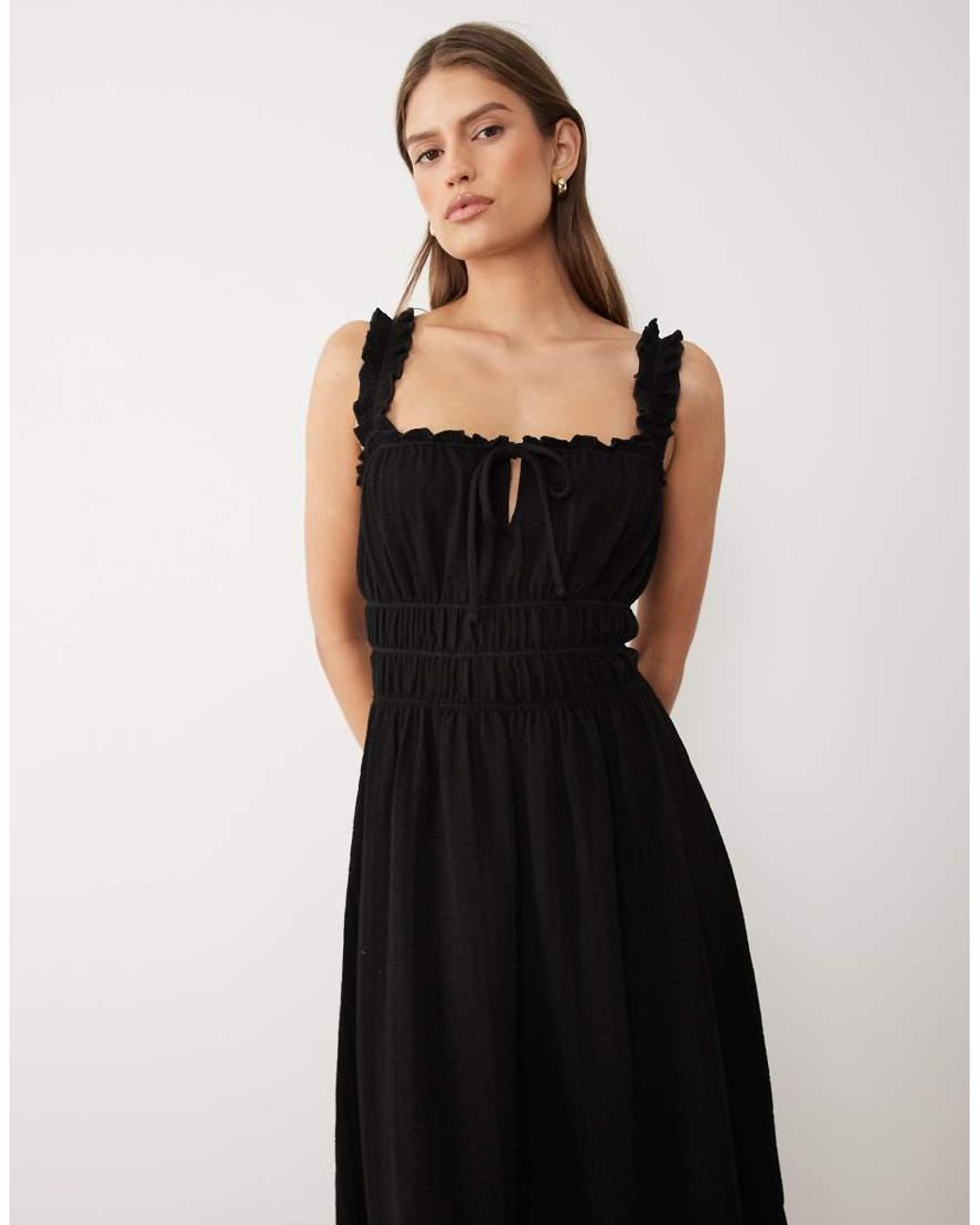 Miss Selfridge Black Seersucker Shirred Detail Maxi Dress