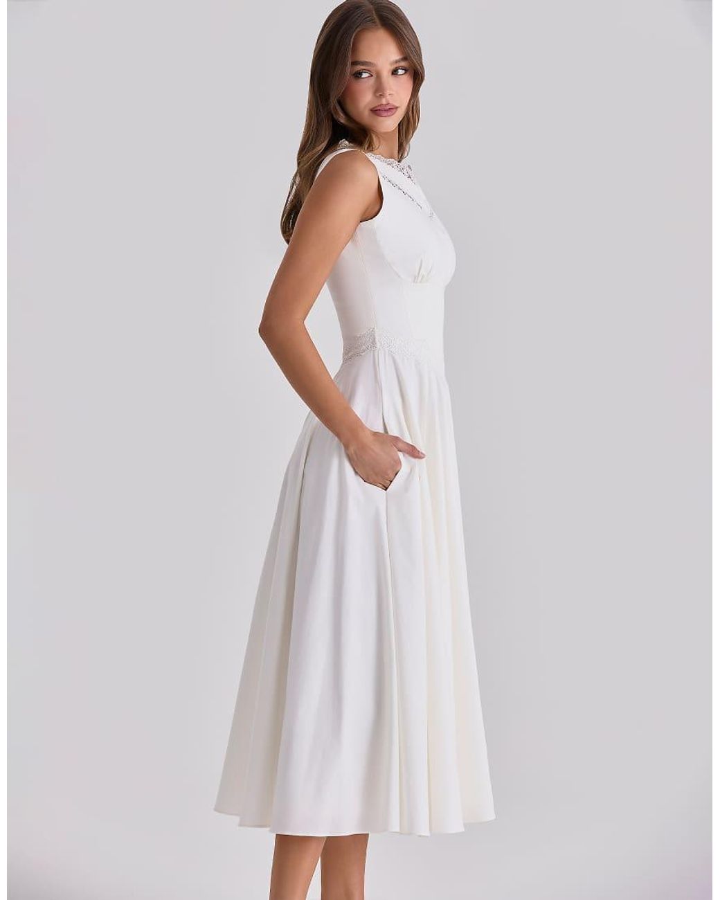 House Of Cb White Scarlett Cotton Lace Trim Waist Cinch Midi Dress