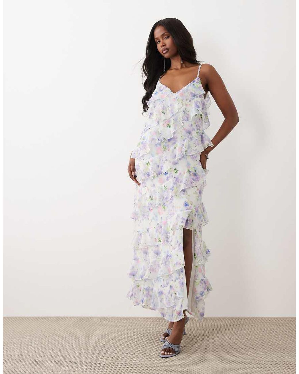 Vila Brown Ruffle Cami Maxi Dress With Leg Split